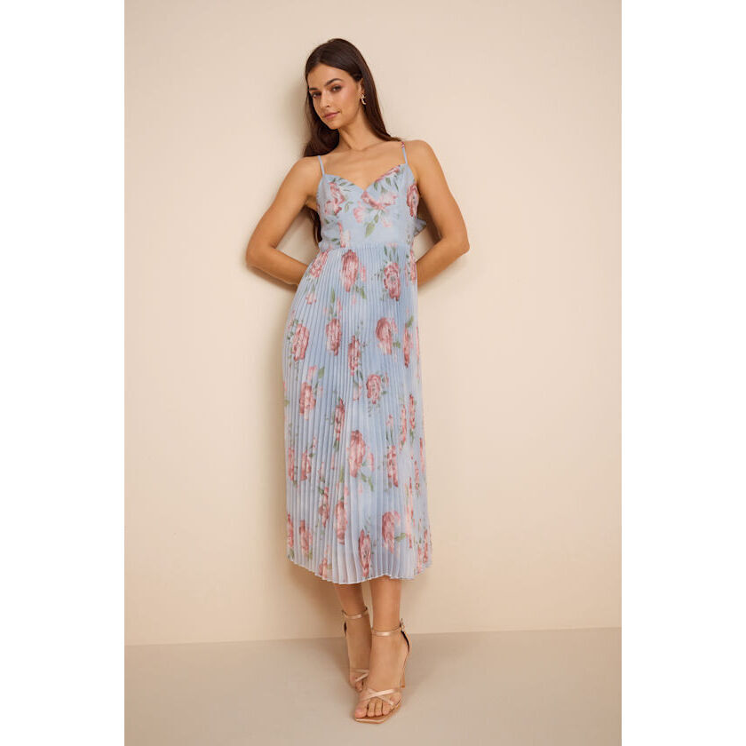 Lulus Alondra Light Blue Multi Floral Pleated Midi Dress - Size L